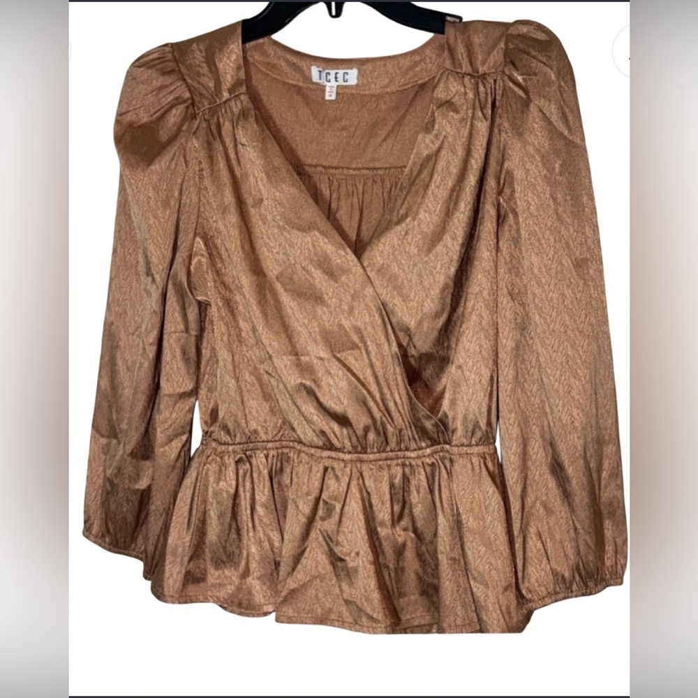 TCEC Brown Puff Sleeve Wrap Blouse